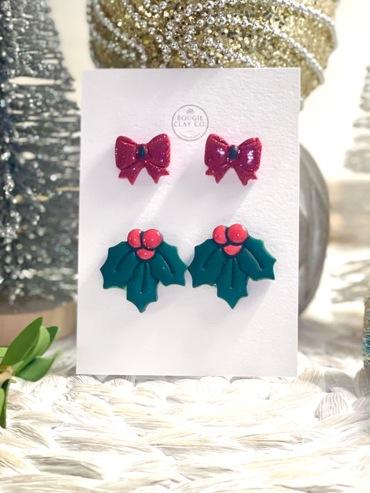 Christmas Stud Pack - Bow and Holly